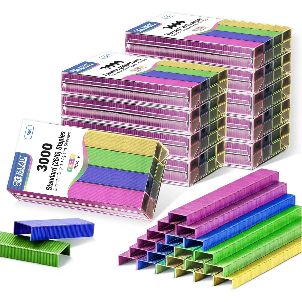 BAZIC PRODUCTS Standard Staples 26/6 Metallic Colors 3000 Ct (24-Box) | Galvanized Steel for Reliable Fastening - main product image