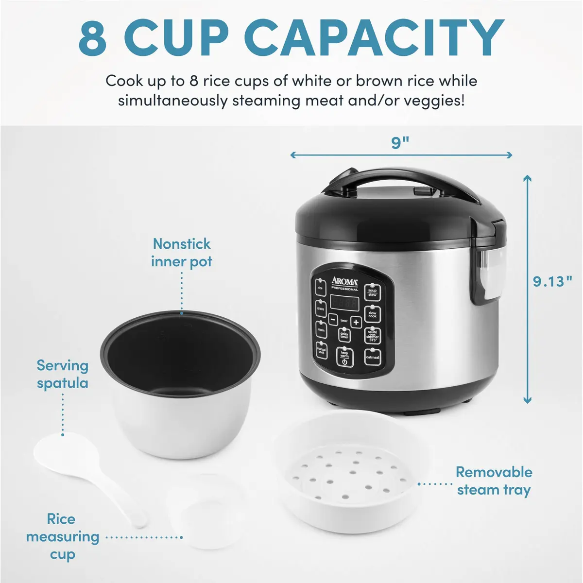 AROMA Professional 8-Cup Digital Rice & Grain Multicooker 2Qt | Versatile Cooking with Sauté-then-Simmer STS® - view 3