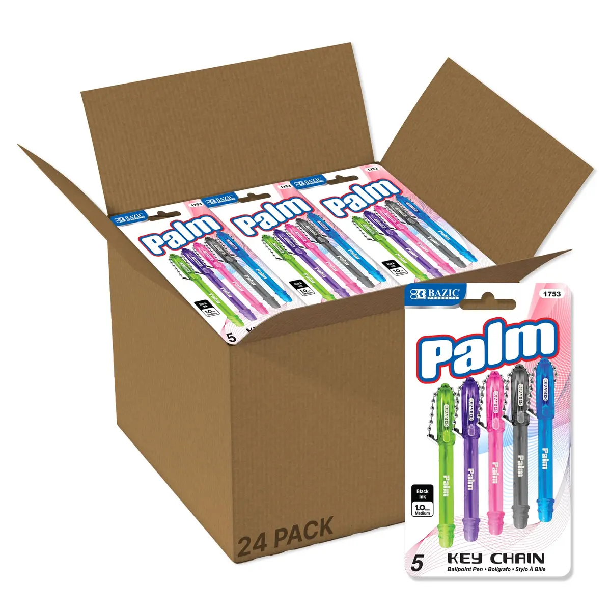 BAZIC PRODUCTS Palm Mini Ballpoint Pens, Key Chain, Black Ink, Medium, 24-Box | Compact, Refillable, Smooth Ink - main product image