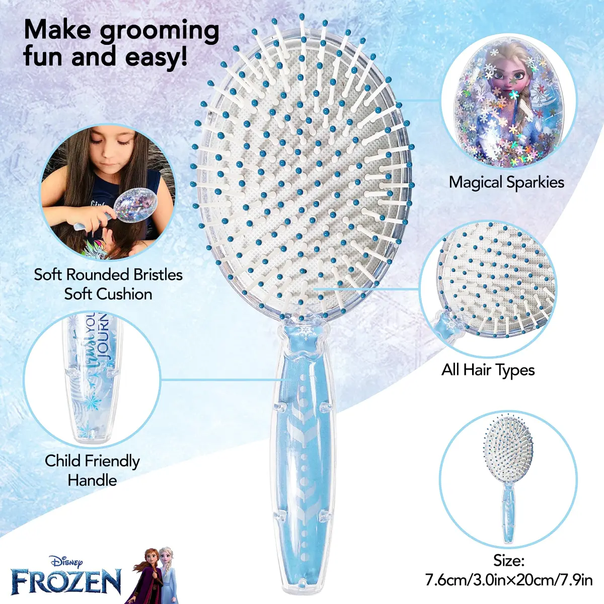 LUV HER Disney Frozen II Girls Snowflake Confetti Hair Brush featuring Elsa, Silver - Ages 3+ | Gentle Detangling for Kids - view 4