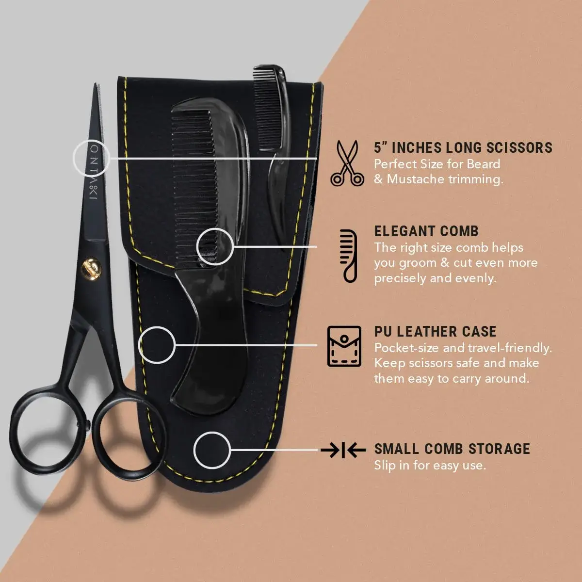 Ontaki 5" Black German Steel Beard & Mustache Scissors (3-Pack) | Precision Styling for Men - view 2