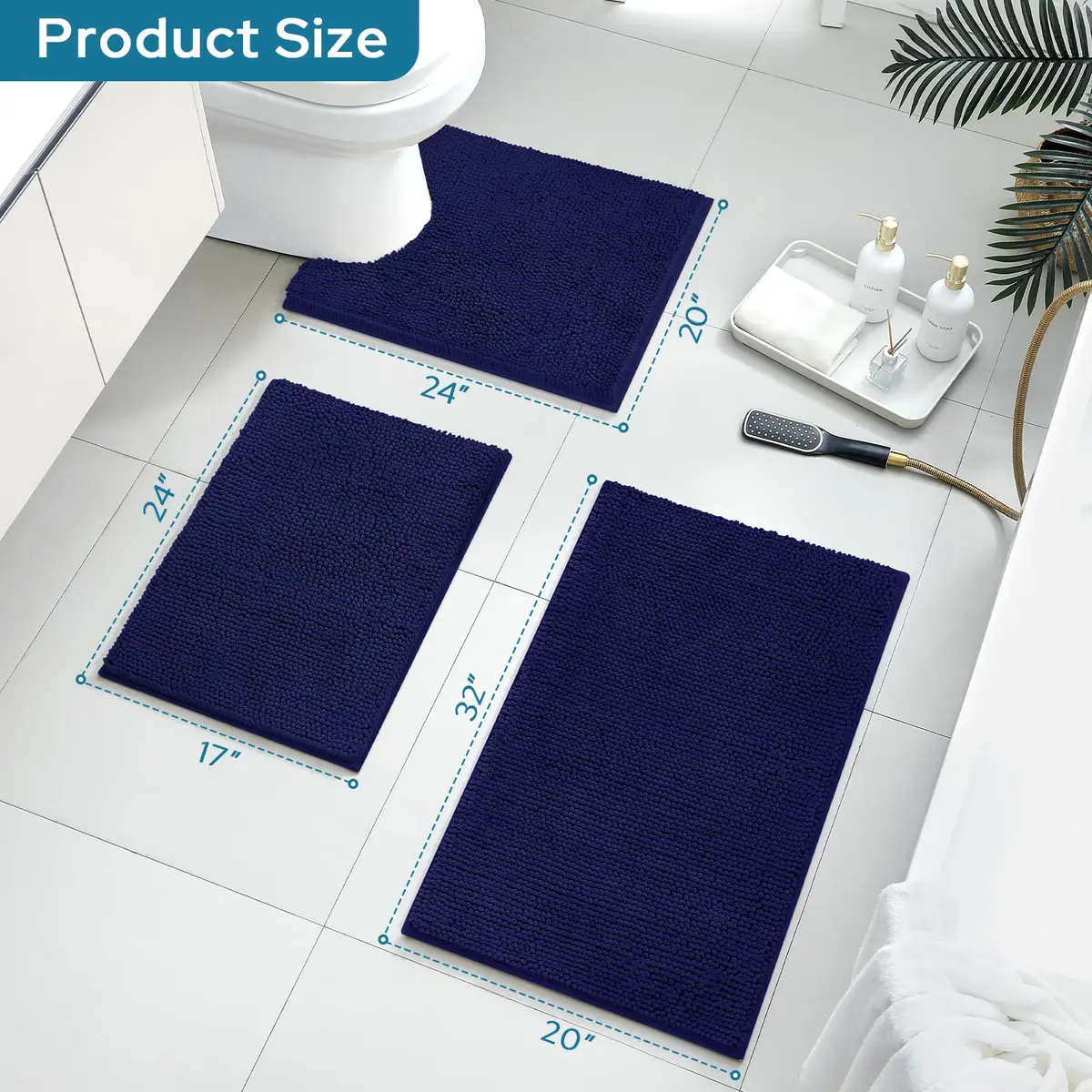 BYSURE Navy Blue Bathroom Rugs Sets 3 Piece Non Slip Plush Chenille Soft Washable Bath Mats | Extra Absorbent, Family Safe, 3-Piece - view 2