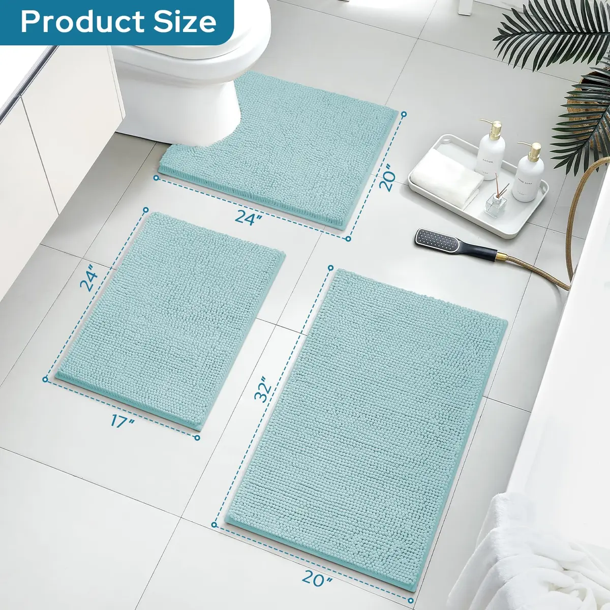 BYSURE Light Blue Bathroom Rugs Sets 3 Piece Non Slip Plush Chenille Washable - view 2