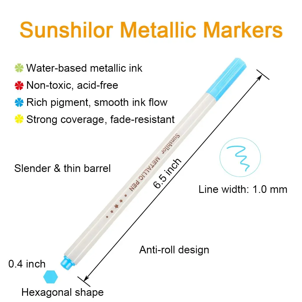 Sunshilor Metallic Markers Fine Point Metallic Marker Pens for Black Paper, Rock Painting, Easter Egg, Halloween Pumpkin, Card Making, Metal, Ceramic, Wine Glass, Set of 15 - view 7