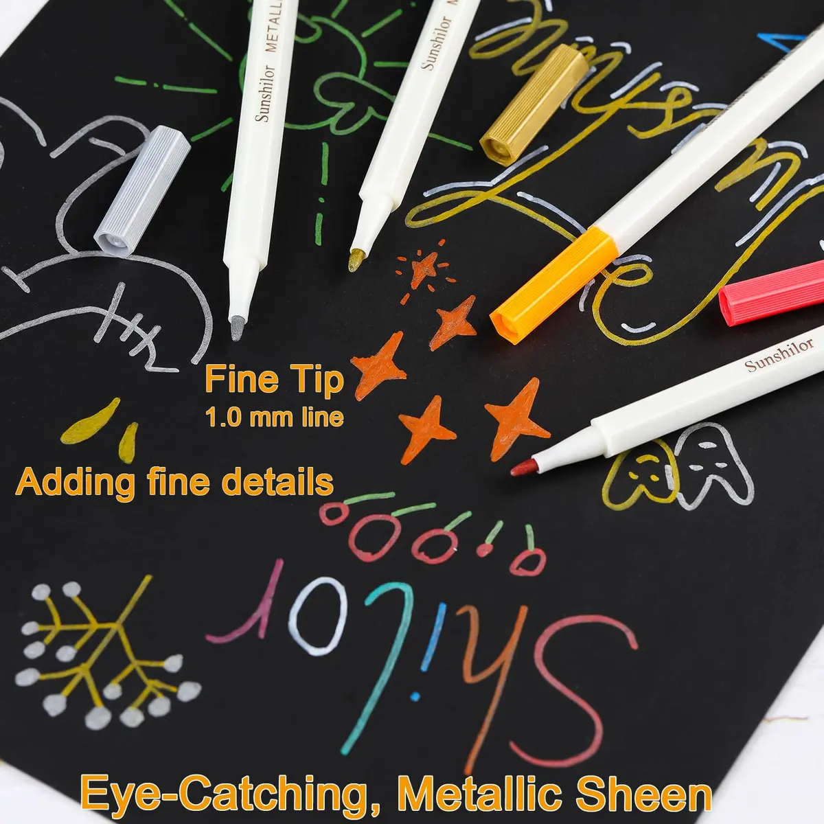 Sunshilor Metallic Markers Fine Point Metallic Marker Pens for Black Paper, Rock Painting, Easter Egg, Halloween Pumpkin, Card Making, Metal, Ceramic, Wine Glass, Set of 15 - view 2