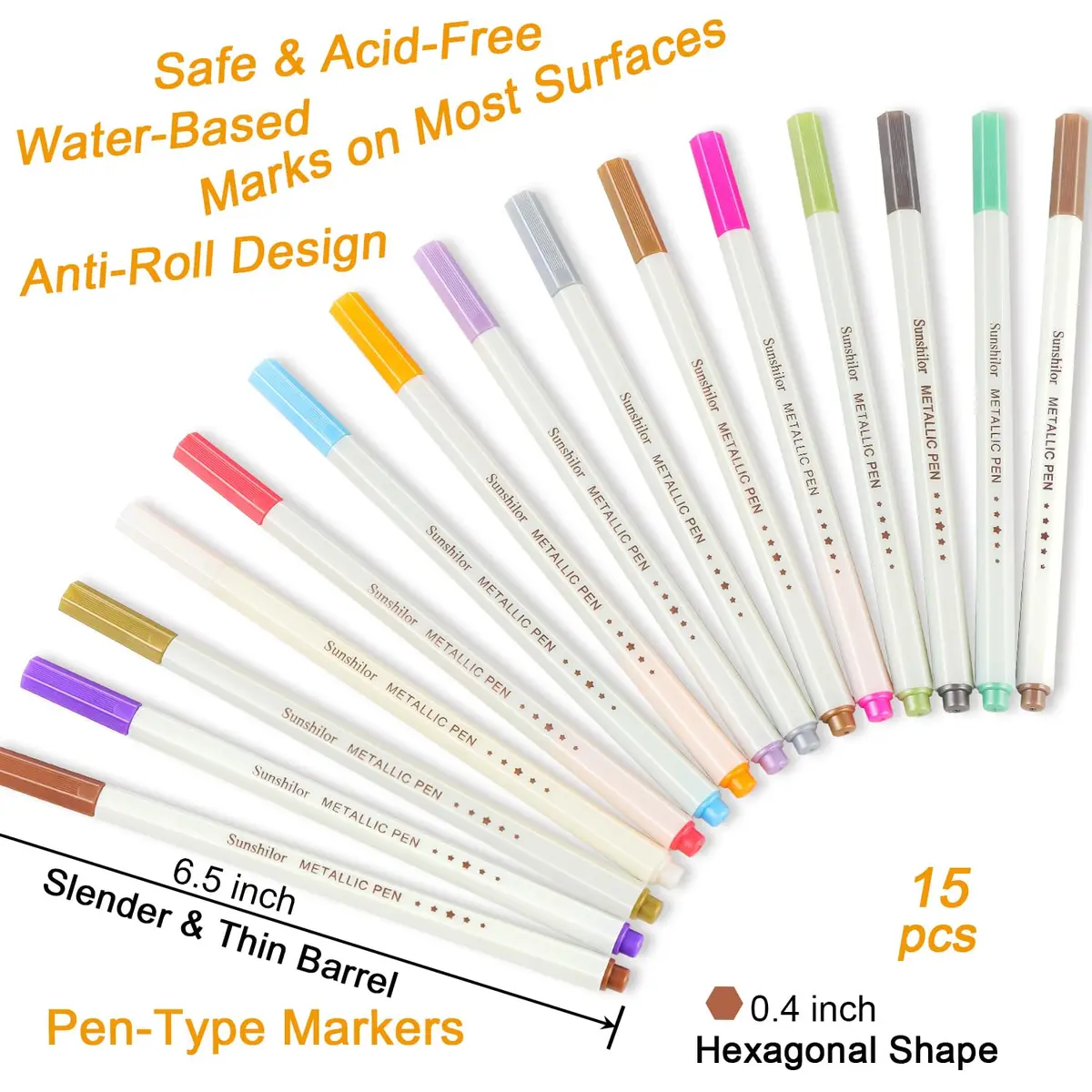 Sunshilor Metallic Markers Fine Point Metallic Marker Pens for Black Paper, Rock Painting, Easter Egg, Halloween Pumpkin, Card Making, Metal, Ceramic, Wine Glass, Set of 15 - view 3