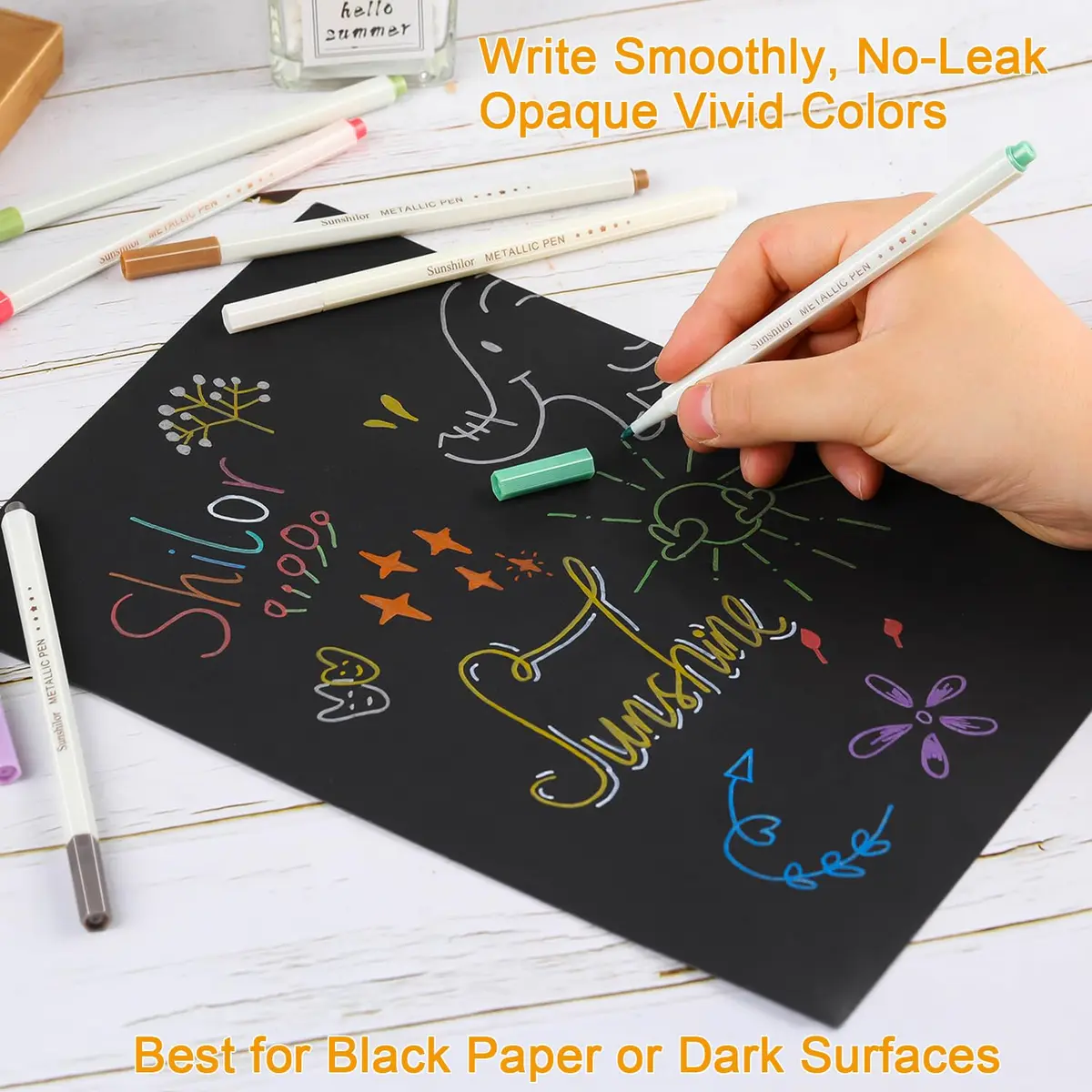 Sunshilor Metallic Markers Fine Point Metallic Marker Pens for Black Paper, Rock Painting, Easter Egg, Halloween Pumpkin, Card Making, Metal, Ceramic, Wine Glass, Set of 15 - view 4