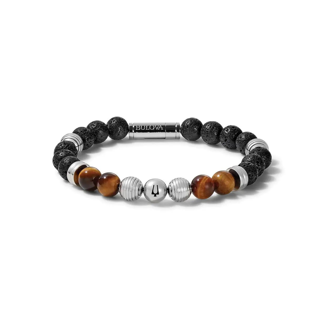 Bulova Men's Classic Beaded Bracelet with Cylinder Clasp | 8mm Tiger's Eye & Lava Beads, Stainless Steel, 7.5-8 inches - main product image