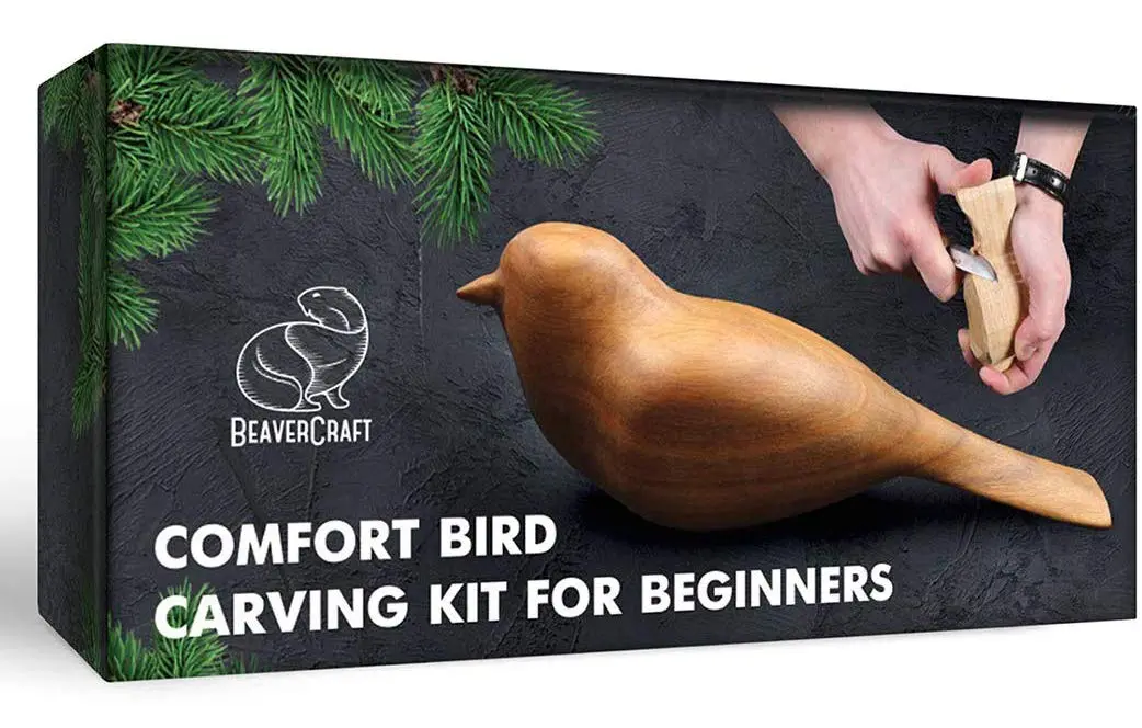 BeaverCraft Comfort Bird Wood Carving Kit for Beginners & Adults | 2 Wood Blocks (Cherry & Basswood), Whittling Knife, Sandpaper, Tutorial - main product image