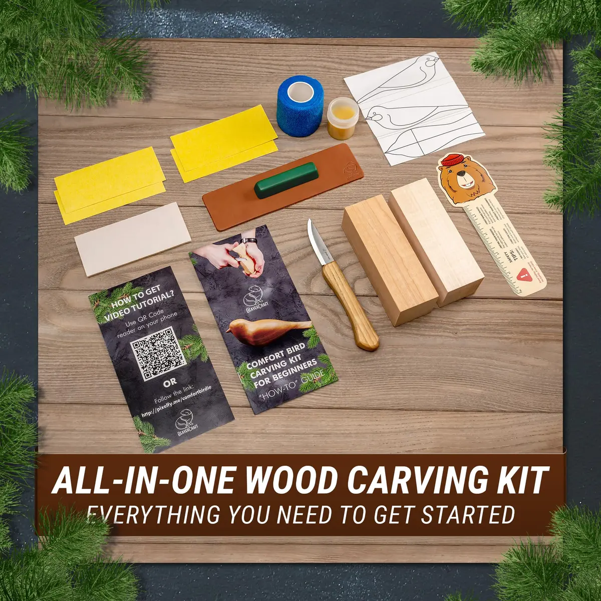 BeaverCraft Comfort Bird Wood Carving Kit for Beginners & Adults | 2 Wood Blocks (Cherry & Basswood), Whittling Knife, Sandpaper, Tutorial - view 2