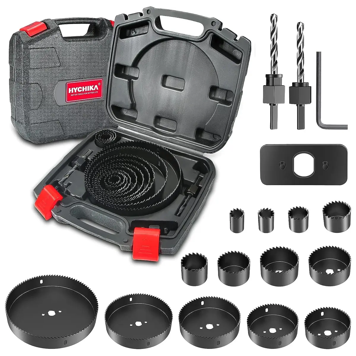 HYCHIKA 19-Piece Hole Saw Kit with 19-152mm Blades, Mandrels & Drill Bits | Cuts Wood, Plywood, Drywall, PVC - main product image