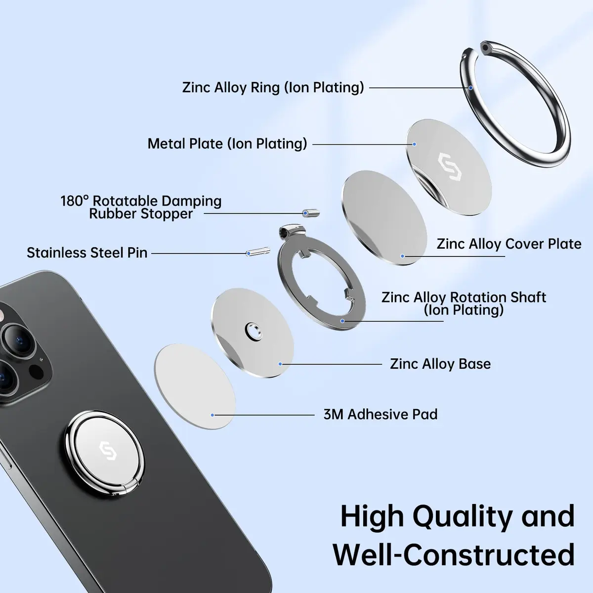 Syncwire Cell Phone Ring Holder Stand, 360° Rotation, Metal Grip, Magnetic Car Mount, Compatible with iPhone, Samsung, LG, Sony - Silver - view 2