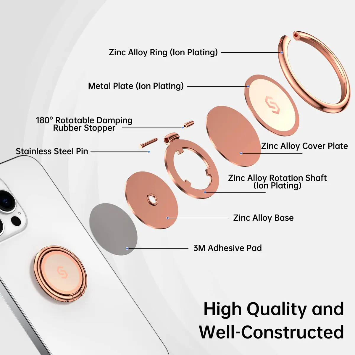 SYNCWIRE Rose Gold Cell Phone Ring Holder Stand with Magnetic Car Mount Compatibility | 360° Rotation, 180° Adjustable - view 2