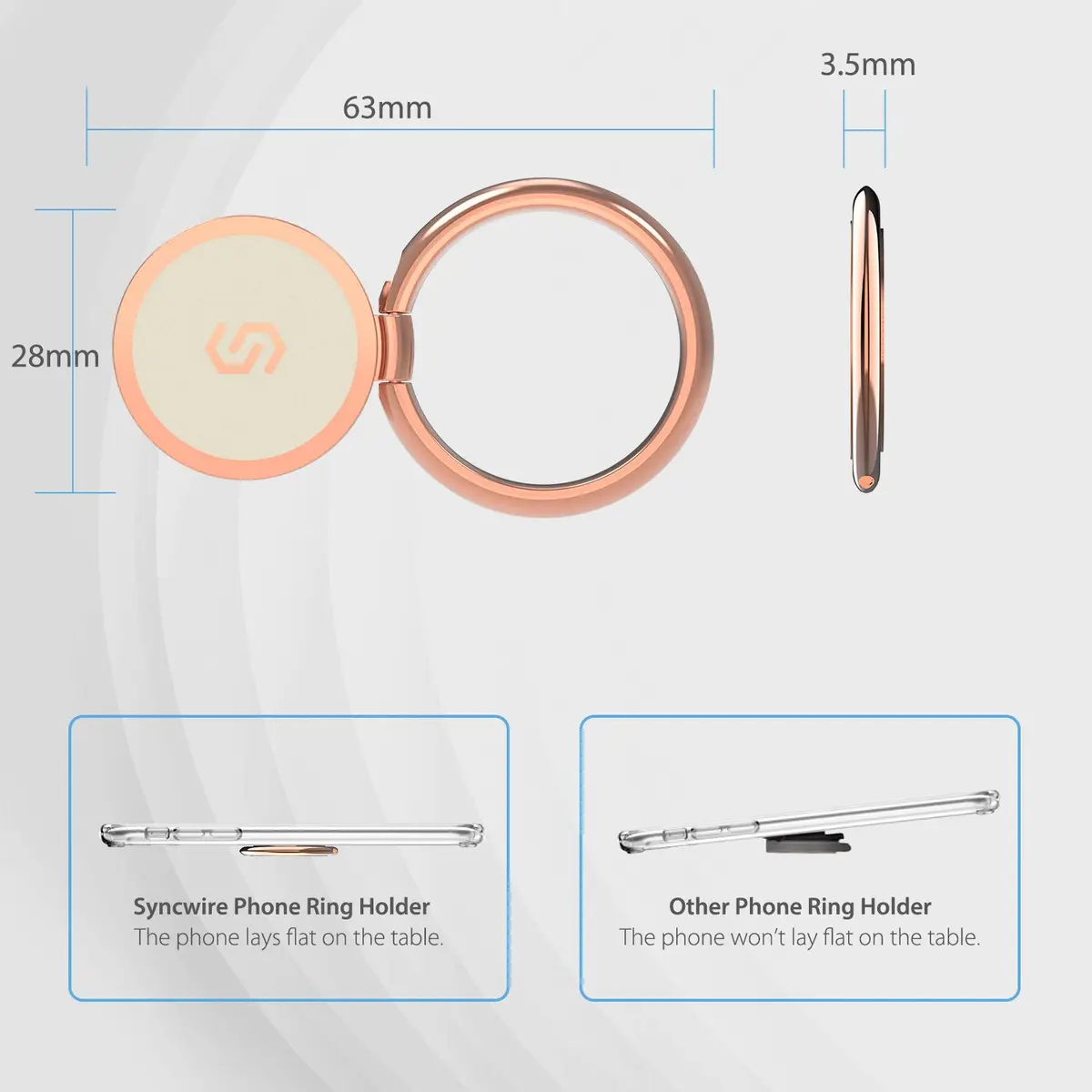SYNCWIRE Rose Gold Cell Phone Ring Holder Stand with Magnetic Car Mount Compatibility | 360° Rotation, 180° Adjustable - view 3