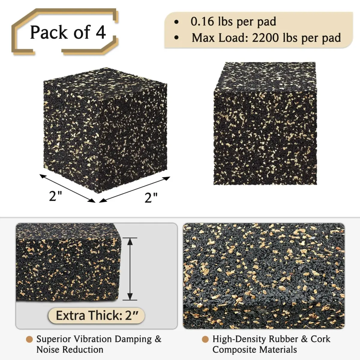 BXI Thick Subwoofer Isolation Pad 2x2x2 Inch (4 Pack) | Full Frequency Dampening Blocks for Studio Monitors & Turntables - view 2