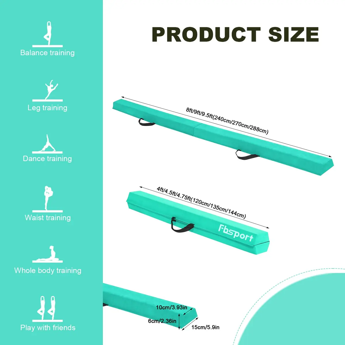 FBSPORT 9ft Balance Beam | Foldable Gymnastics Equipment for Kids & Adults, Non Slip Rubber Base, Green - view 4