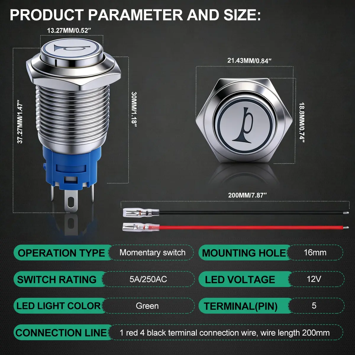 Twidec 16mm Momentary Push Button Switch with Green LED, 12V | 5A/250AC Panel Mount - view 4
