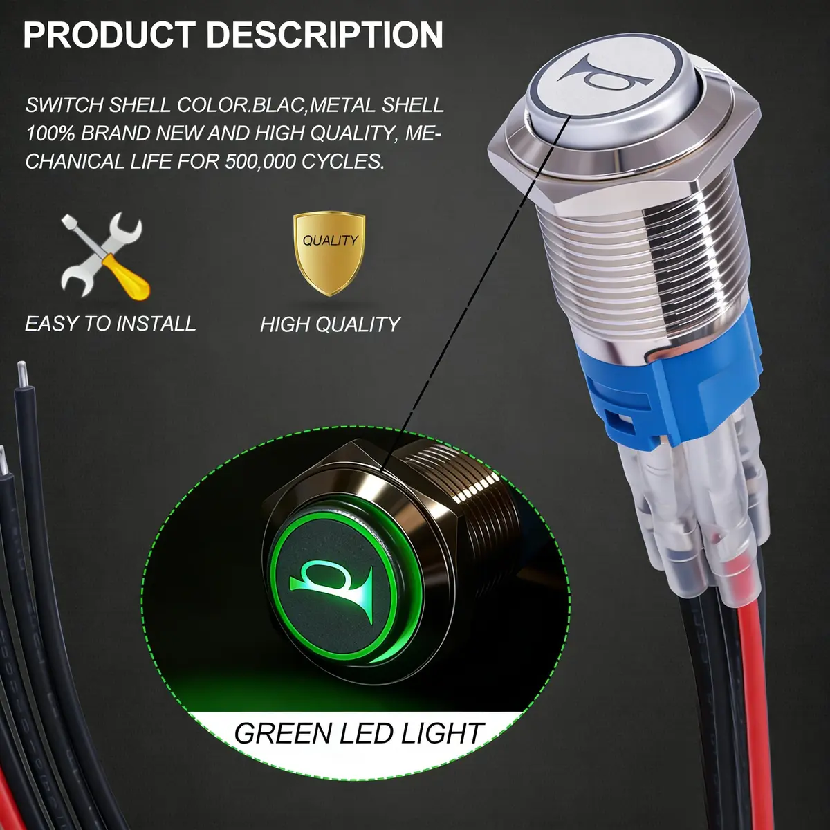 Twidec 16mm Momentary Push Button Switch with Green LED, 12V | 5A/250AC Panel Mount - view 5