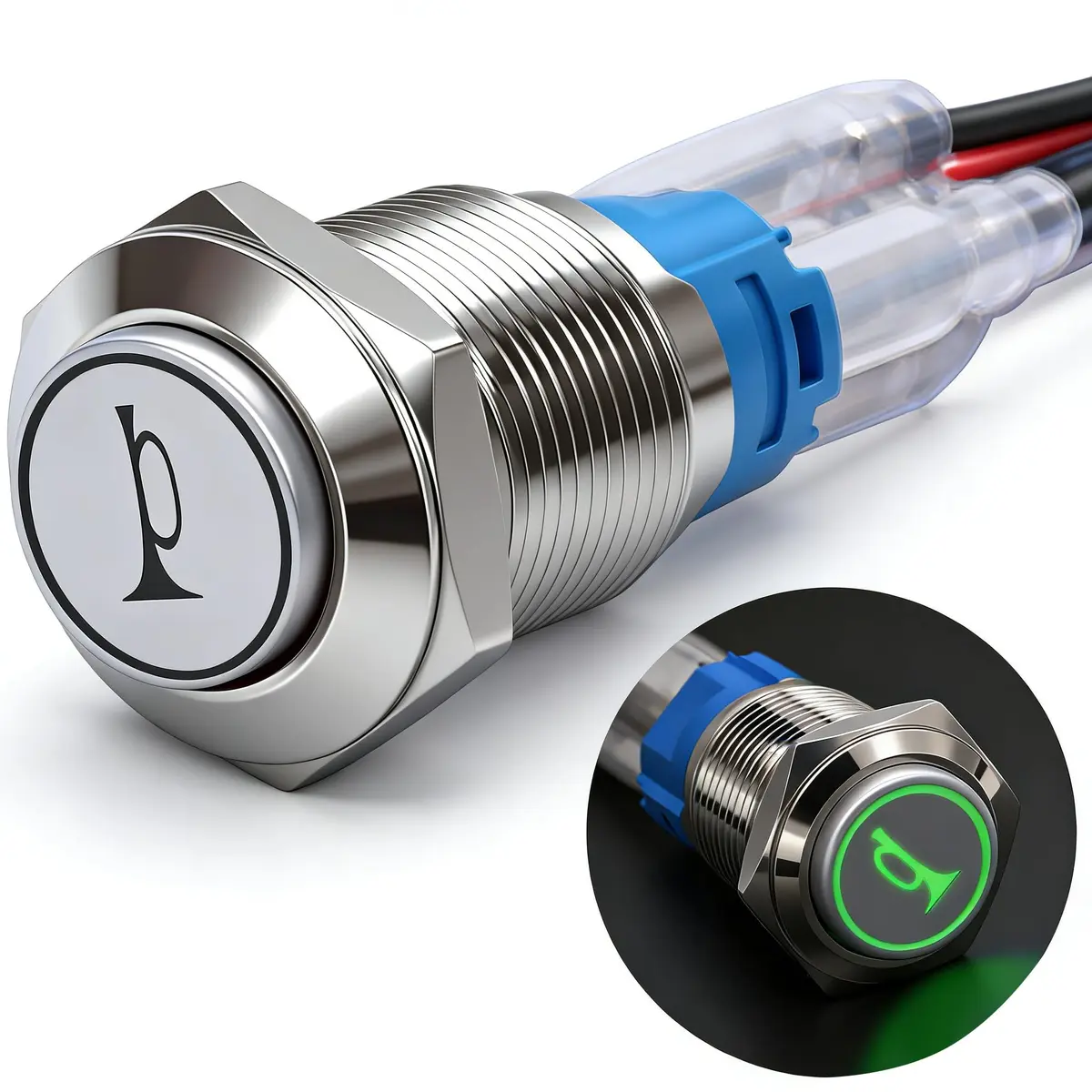 Twidec 16mm Momentary Push Button Switch with Green LED, 12V | 5A/250AC Panel Mount - main product image