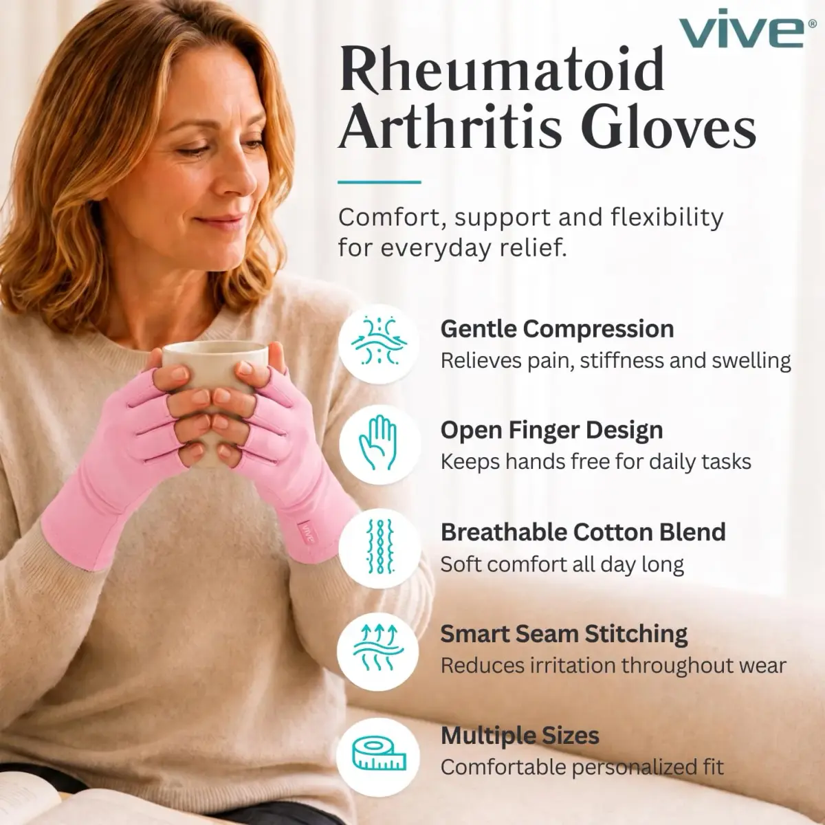 Vive Arthritis Gloves - X-Small, Pink | Compression Hand Gloves for Rheumatoid Pain Relief - view 2