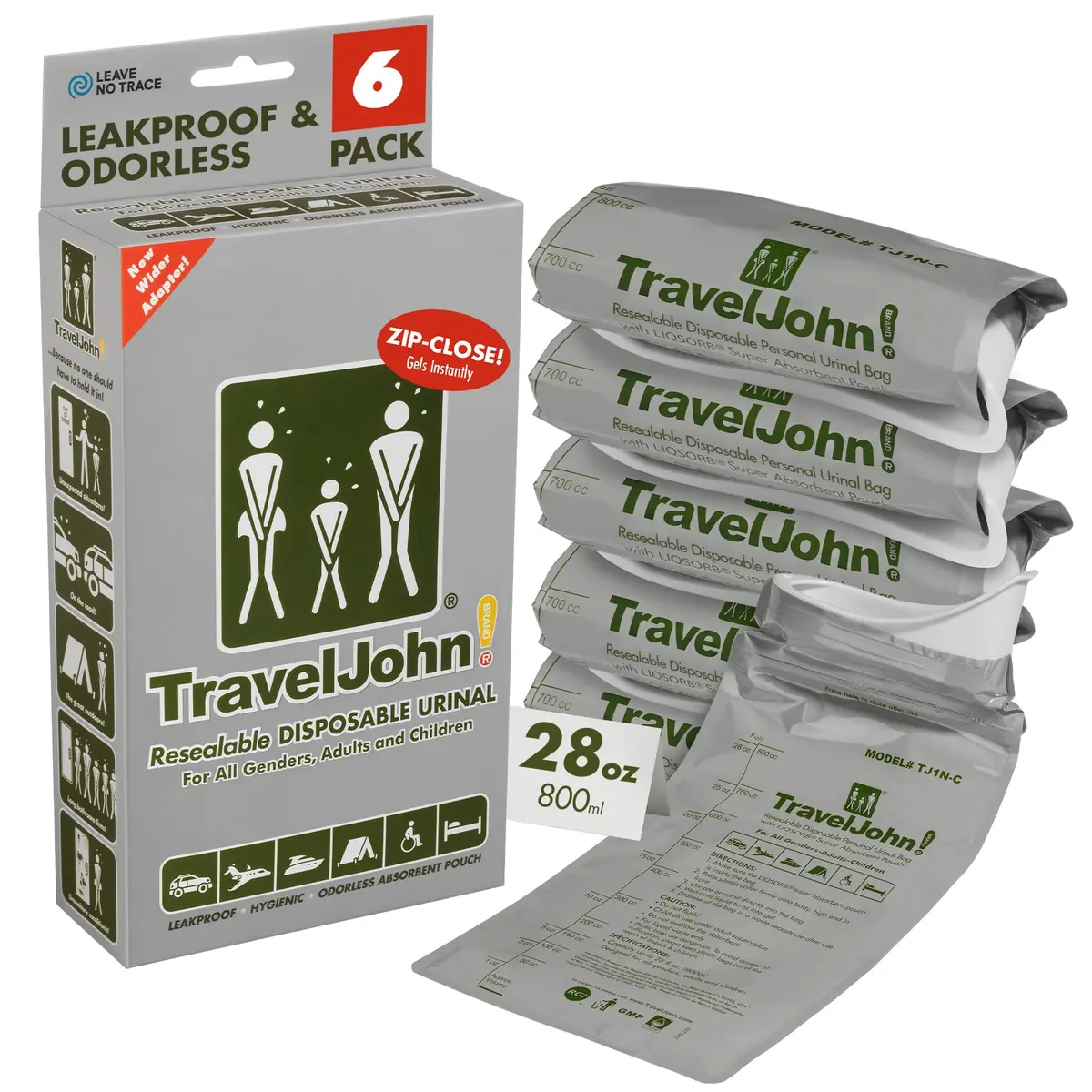 TravelJohn Resealable Disposable Urinal Bags 28oz | Leakproof & Odorless for Travel & Camping - main product image