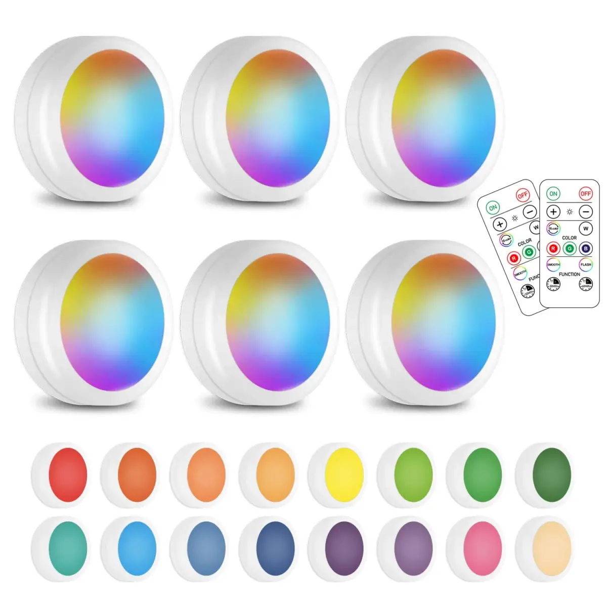 SIXDEFLY Wireless LED Puck Lights 6 Pack, Color Changing & Dimmable, 4.5V | Modern Night Lights for Cabinets & Closets - main product image