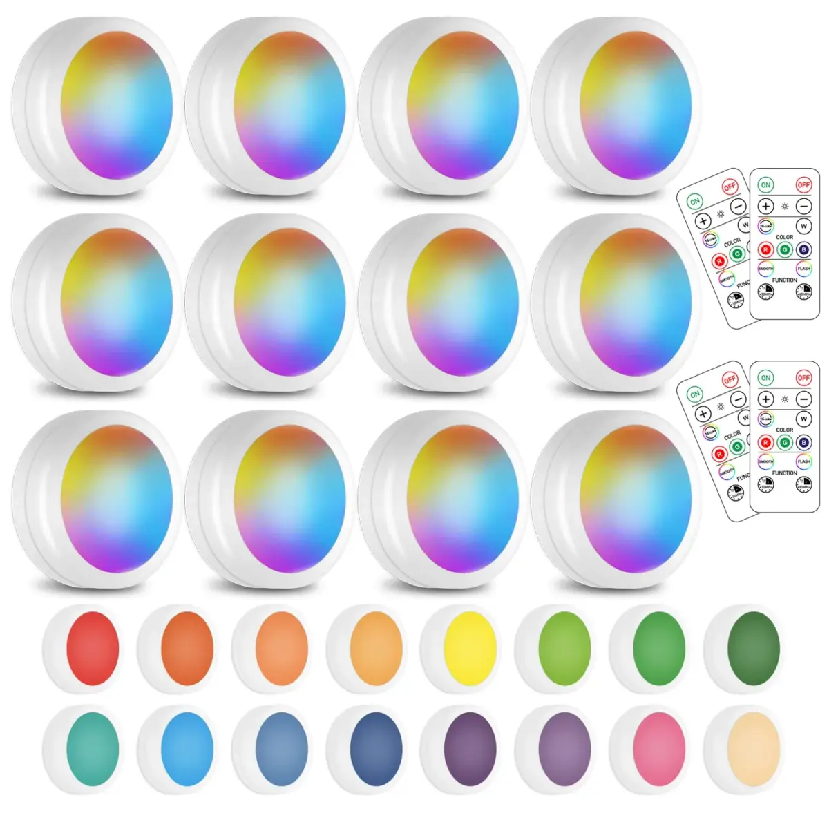 SIXDEFLY Wireless LED Puck Lights 12 Pack with 4 Remotes | Color Changing, Dimmable, Battery Powered Under Cabinet Lights - main product image