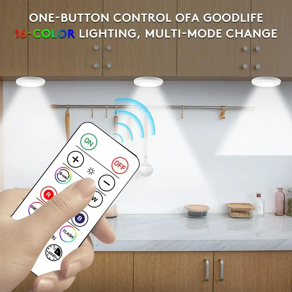 SIXDEFLY Wireless LED Puck Lights 12 Pack with 4 Remotes | Color Changing, Dimmable, Battery Powered Under Cabinet Lights - view 2