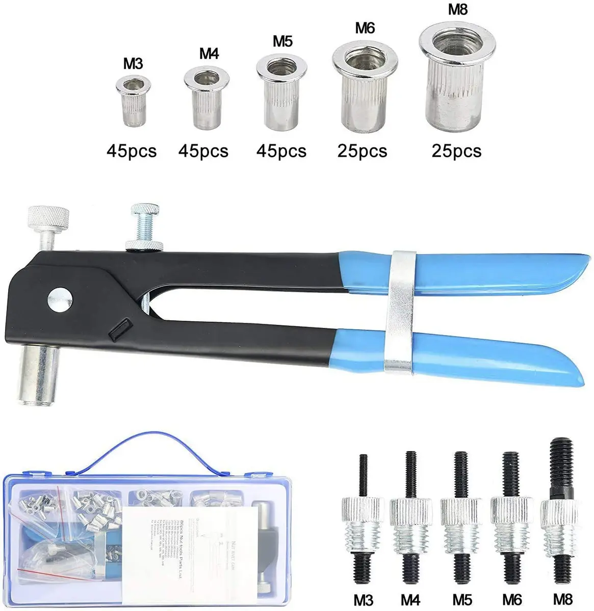 YaeKoo 191pcs Heavy Duty Blind Rivet Nut Kit Set with Riveter Tool, M3-M8 Metric Rivet Nuts Assortment | Steel Construction - view 9