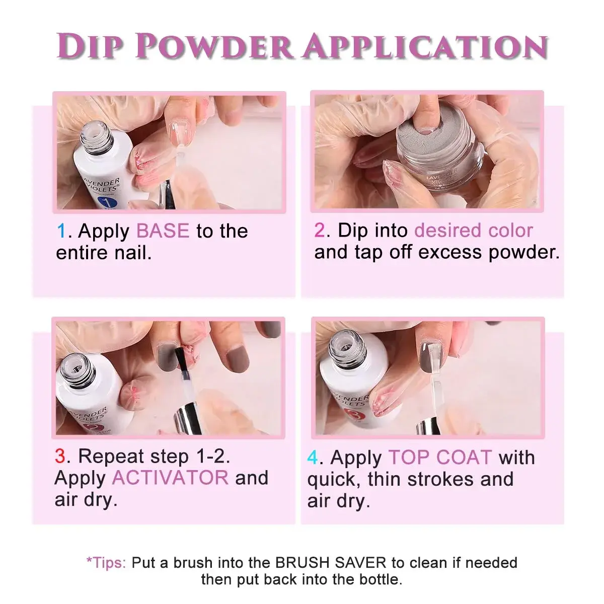 Lavender Violets Dip Powder Liquid Set with Activator, Base Top Coat & Brush Saver 15ml (0.5 Fl Oz) | Complete Home Manicure Kit - view 8