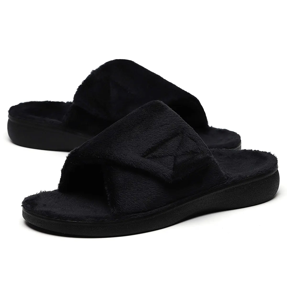 SOLLBEAM Women's Plantar Fasciitis Fuzzy House Orthopedic Slippers with Arch Support, Adjustable, Black, Size 6 | Supportive & Cozy for Indian Summers - main product image
