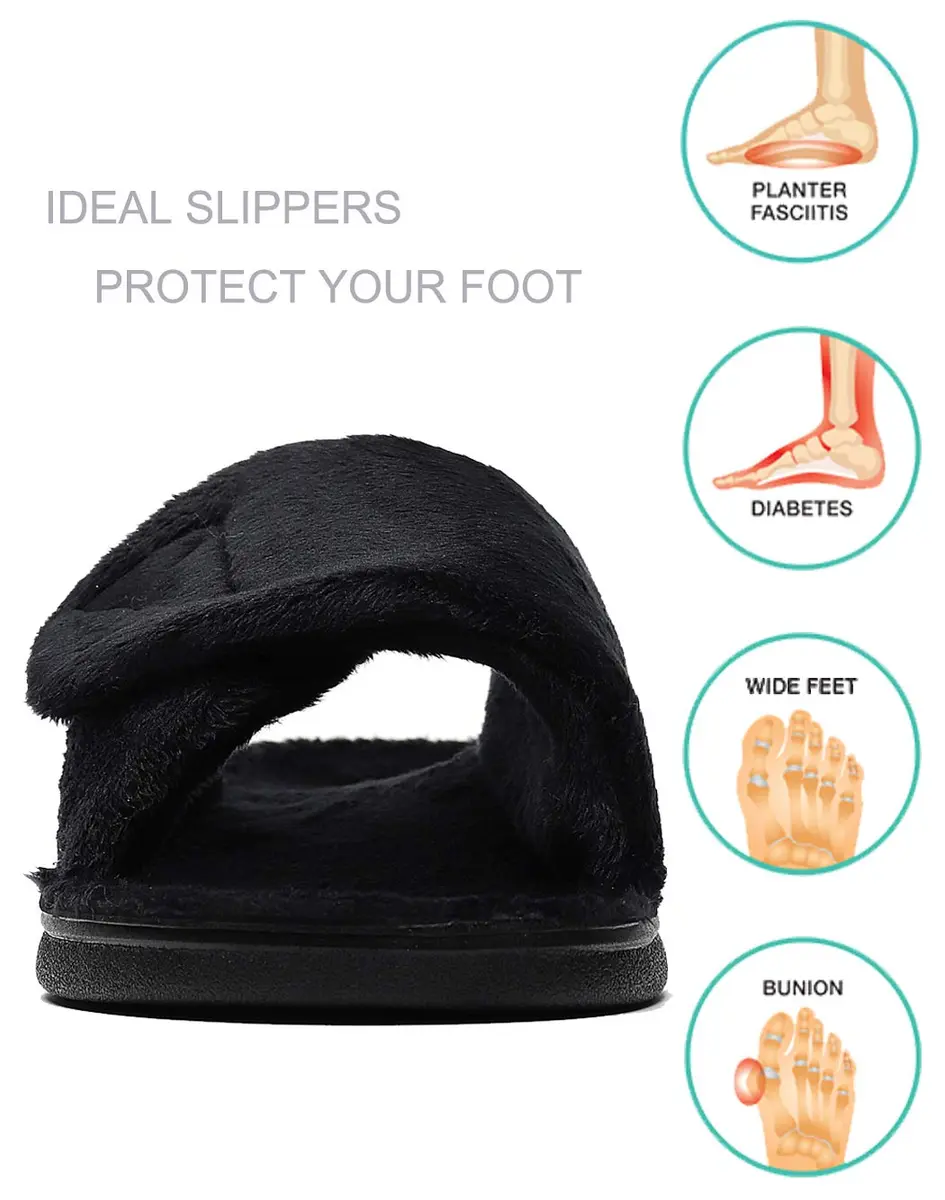 SOLLBEAM Women's Plantar Fasciitis Fuzzy House Orthopedic Slippers with Arch Support, Adjustable, Black, Size 6 | Supportive & Cozy for Indian Summers - view 3