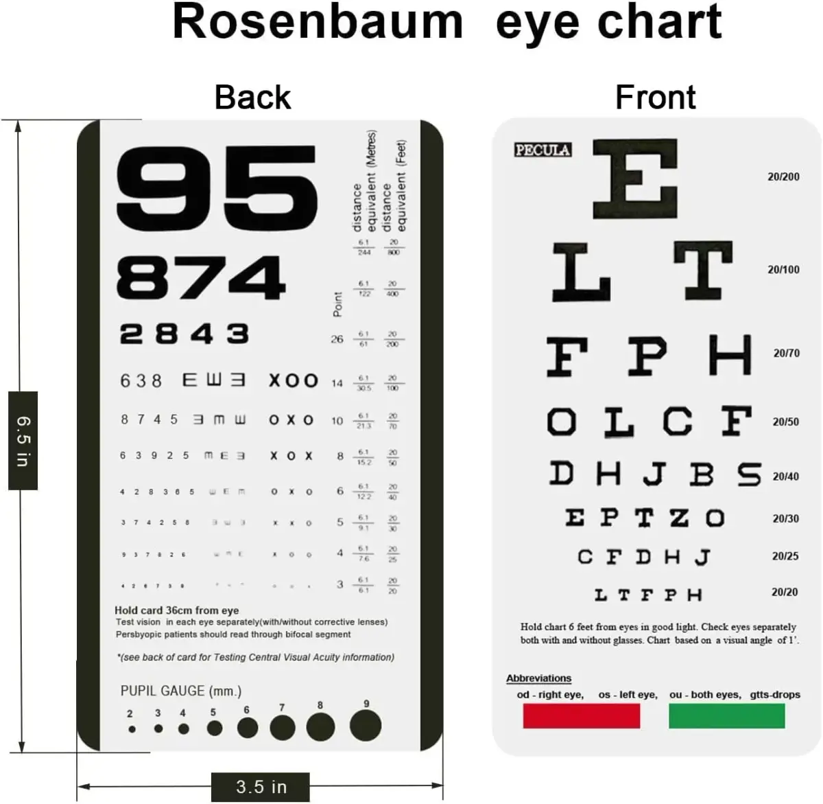 PECULA Pocket Eye Chart 2-in-1 Snellen & Rosenbaum 16.5cm (6.5in) | Vision Testing Tool for Small Spaces - view 2