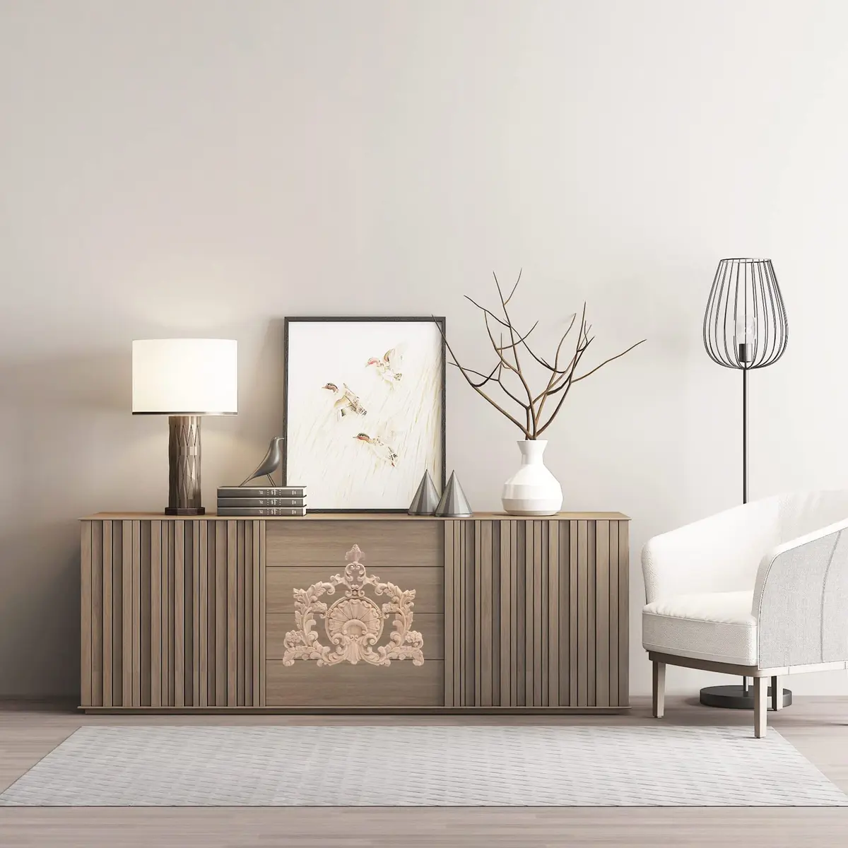 Beoot Unpainted Wood Carved Corner Furniture Onlay Applique 31x28cm (12.2x11.02inch) | European Style Floral Wood Carving - view 3