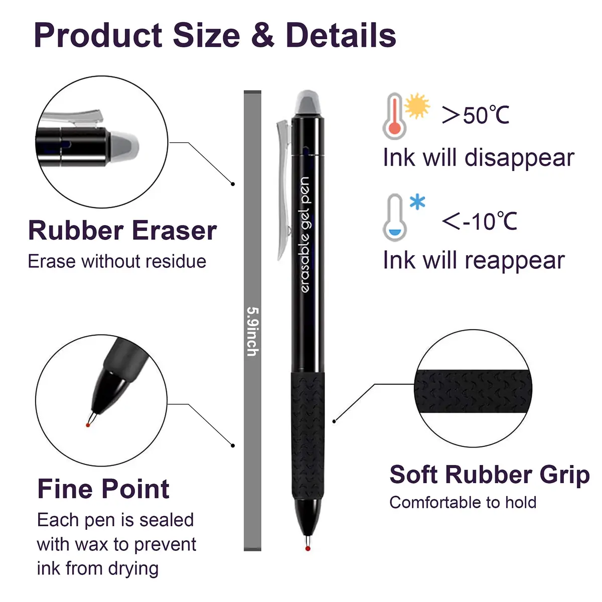 Lineon Erasable Gel Pens 15 Pack Black | Retractable, Fine Point, Mistake Disappear, School & Office Use - view 3