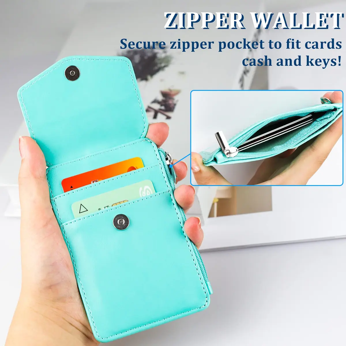 Teskyer ID Badge Holder with Retractable Lanyard, Cyan | 4 Card Slots, Zipper Pocket, Premium PU Leather - view 4