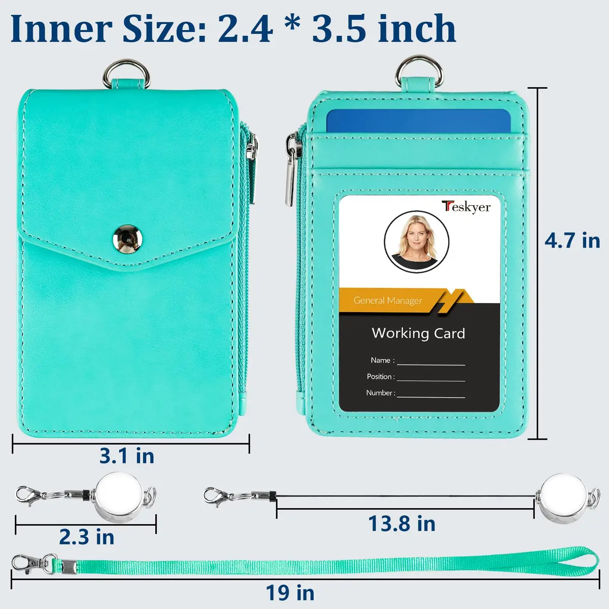Teskyer ID Badge Holder with Retractable Lanyard, Cyan | 4 Card Slots, Zipper Pocket, Premium PU Leather - view 5