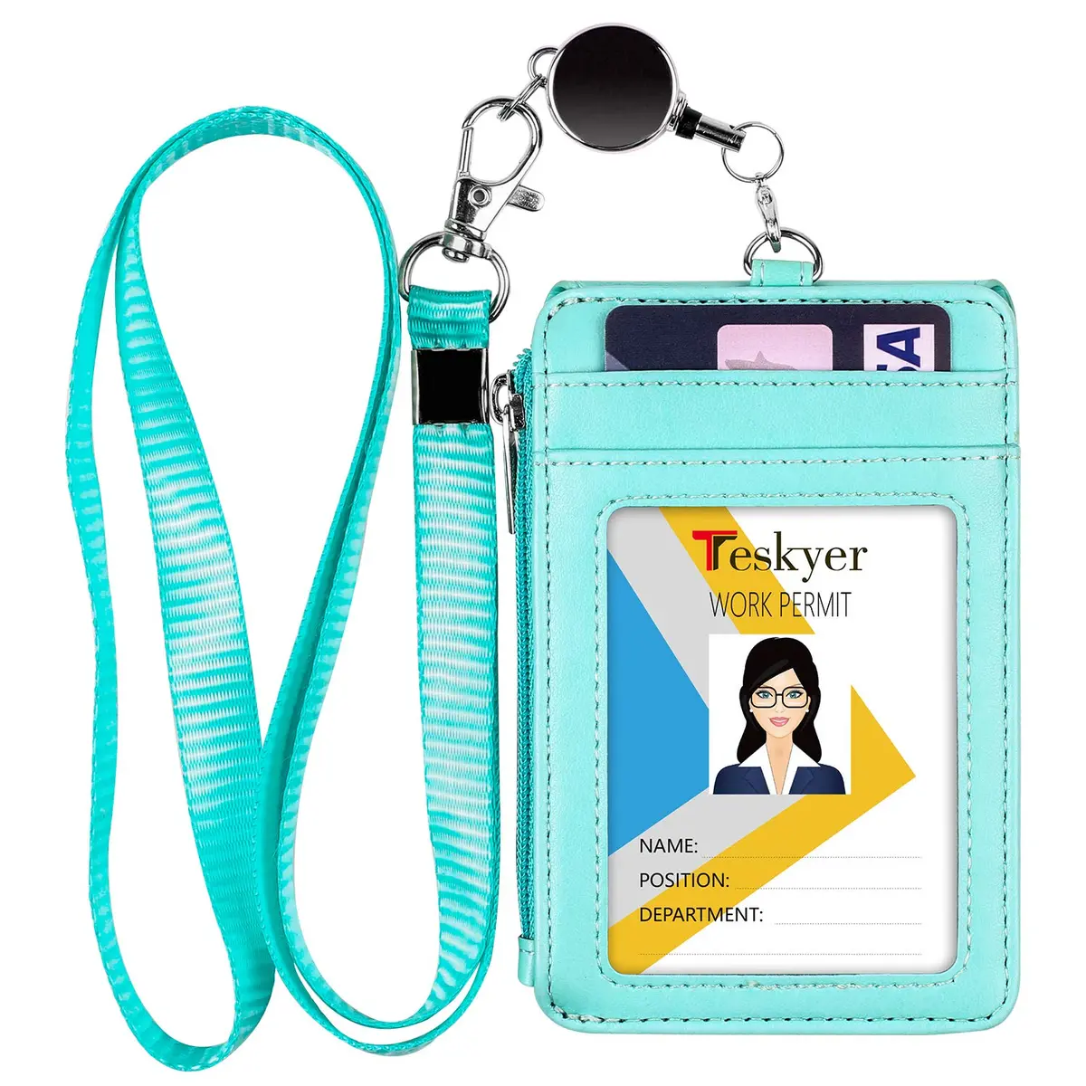 Teskyer ID Badge Holder with Retractable Lanyard, Cyan | 4 Card Slots, Zipper Pocket, Premium PU Leather - main product image