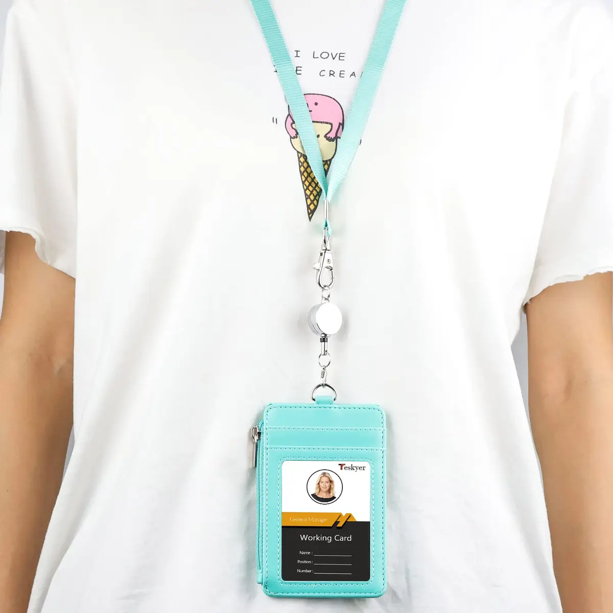 Teskyer ID Badge Holder with Retractable Lanyard, Cyan | 4 Card Slots, Zipper Pocket, Premium PU Leather - view 7