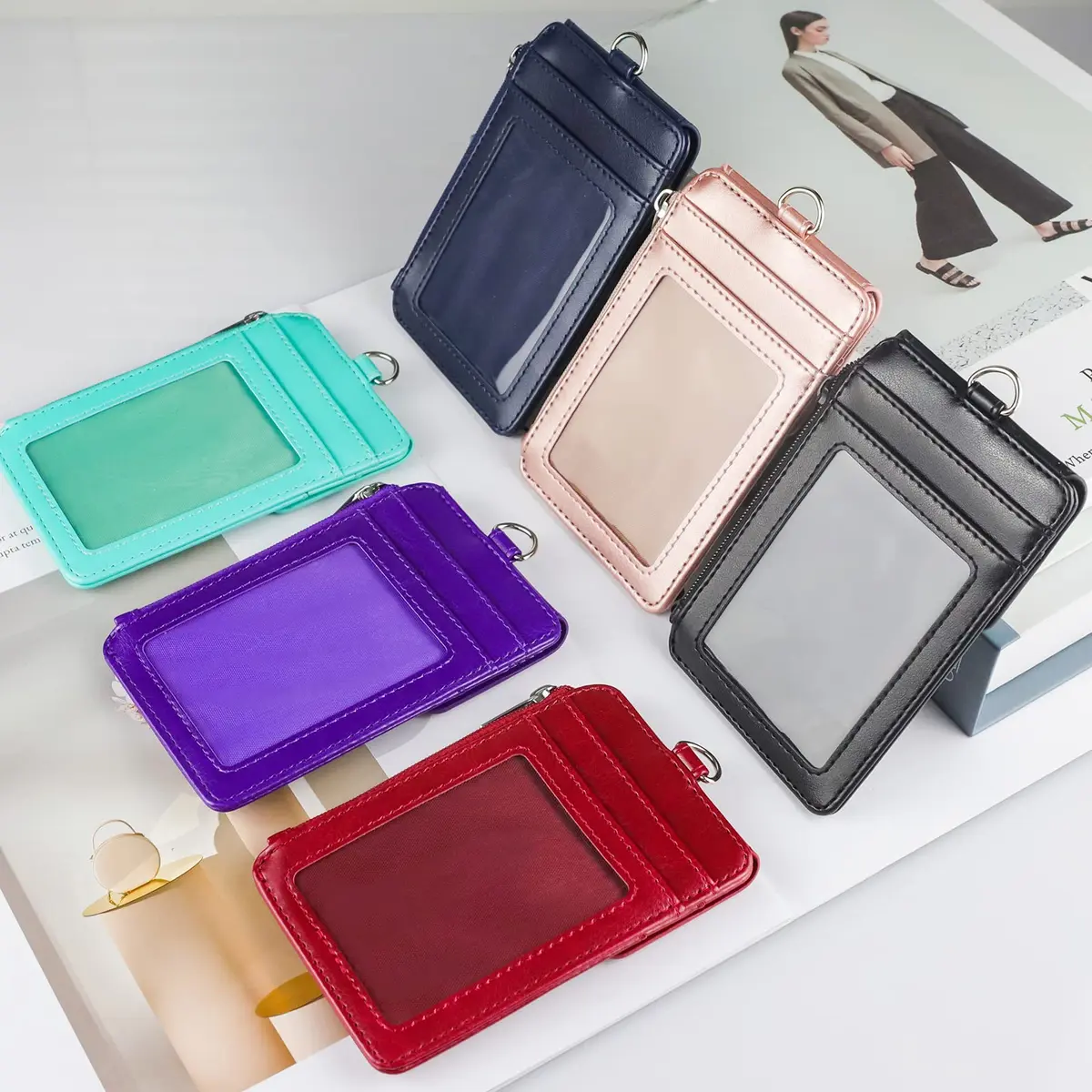 Teskyer ID Badge Holder with Retractable Lanyard, Cyan | 4 Card Slots, Zipper Pocket, Premium PU Leather - view 8