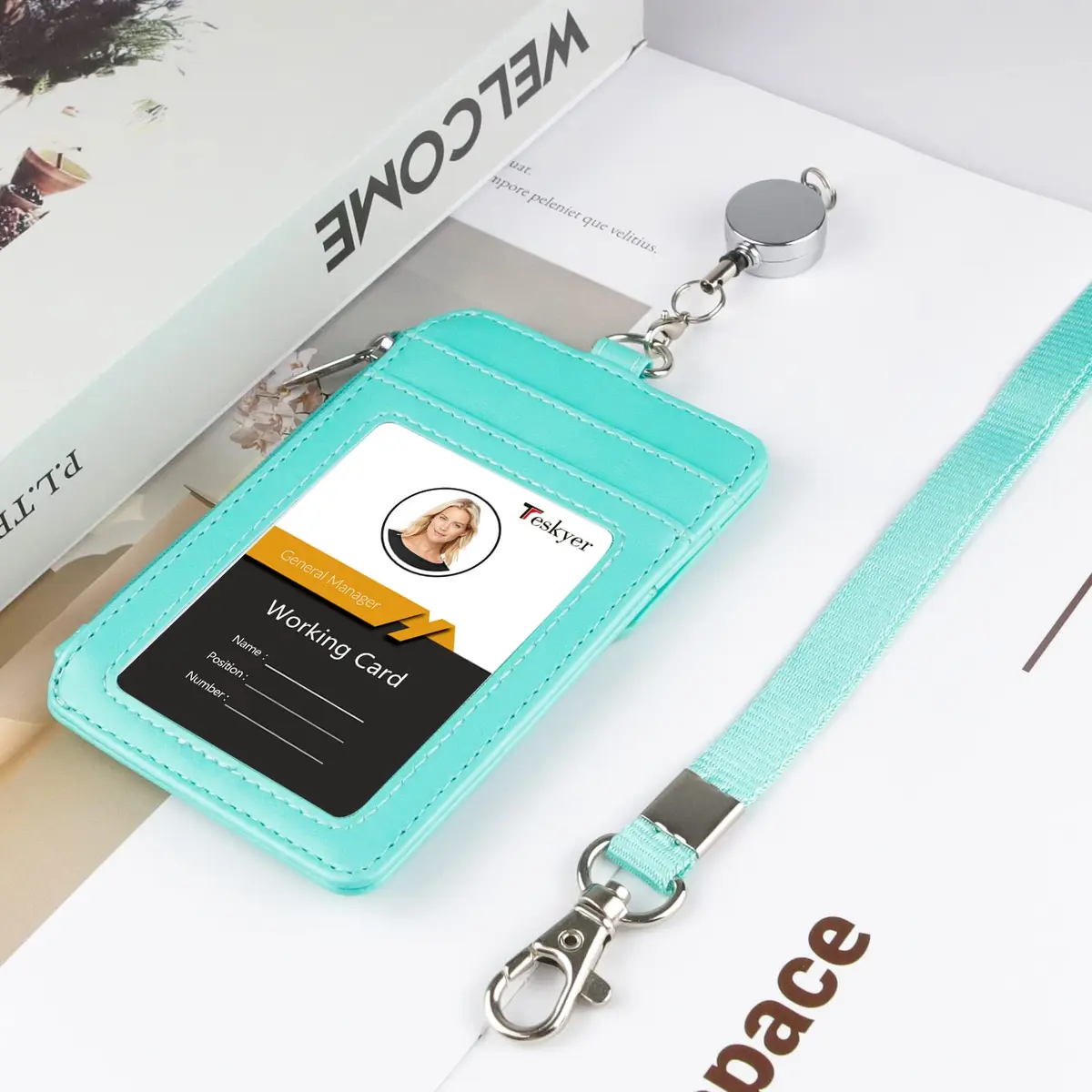Teskyer ID Badge Holder with Retractable Lanyard, Cyan | 4 Card Slots, Zipper Pocket, Premium PU Leather - view 9