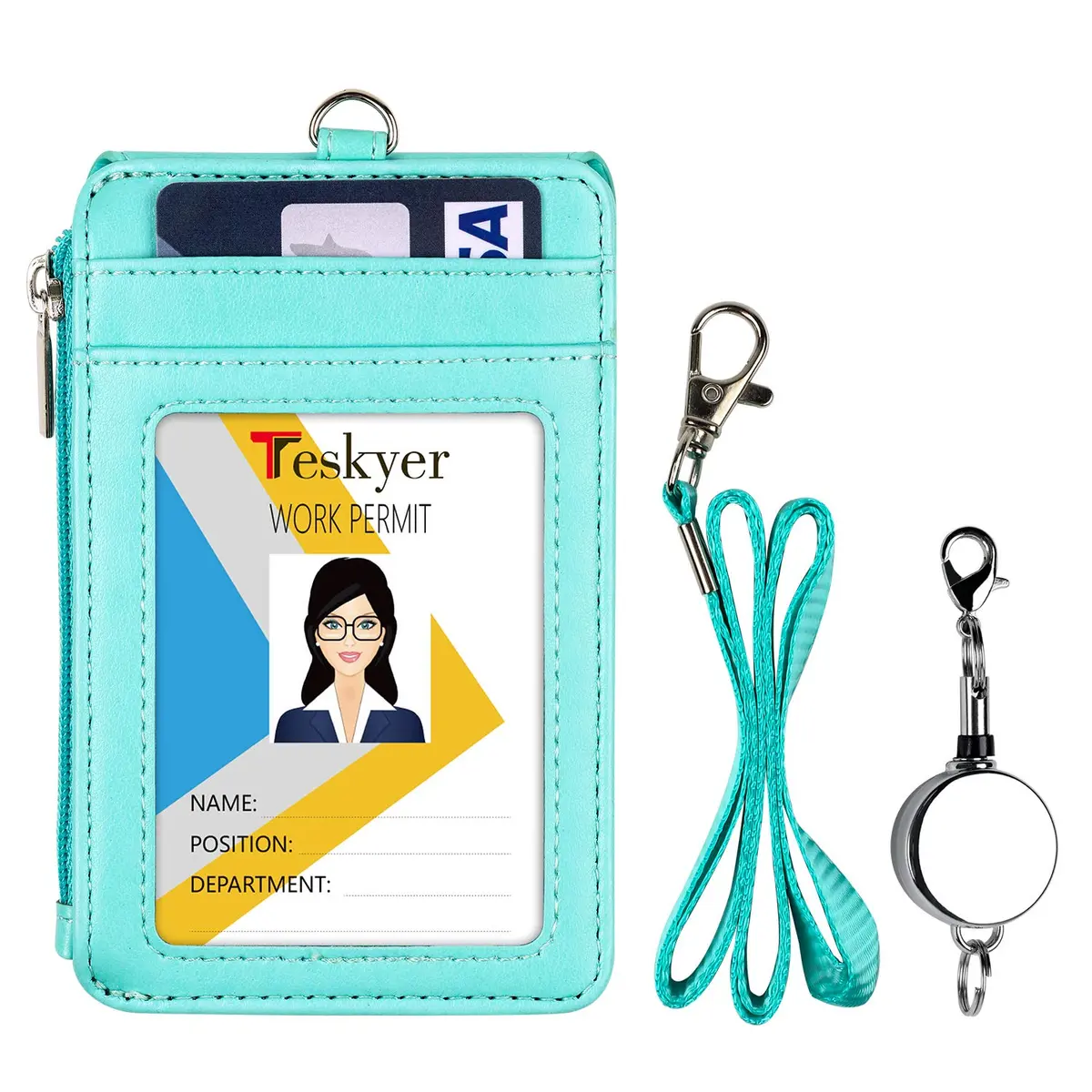 Teskyer ID Badge Holder with Retractable Lanyard, Cyan | 4 Card Slots, Zipper Pocket, Premium PU Leather - view 2