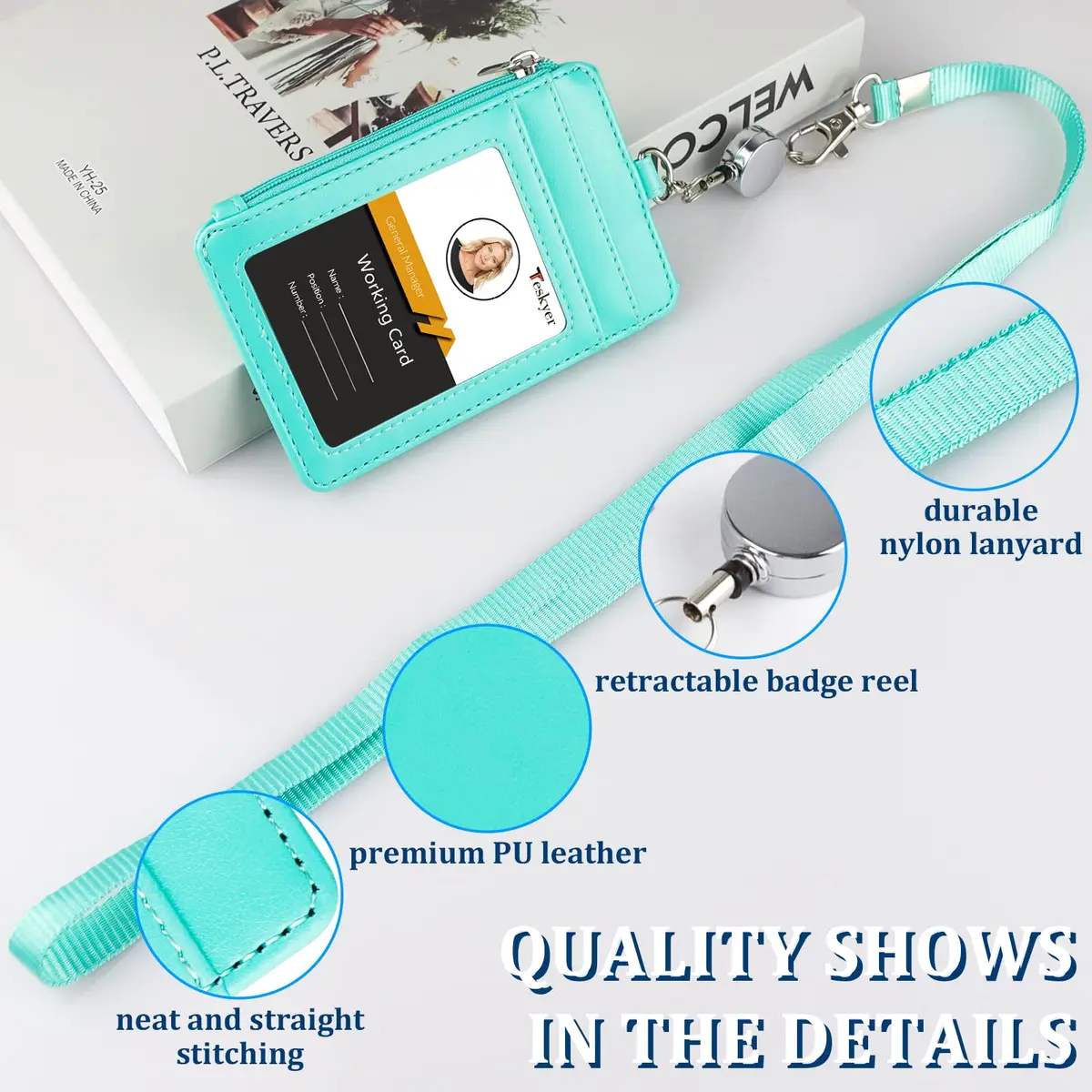 Teskyer ID Badge Holder with Retractable Lanyard, Cyan | 4 Card Slots, Zipper Pocket, Premium PU Leather - view 3