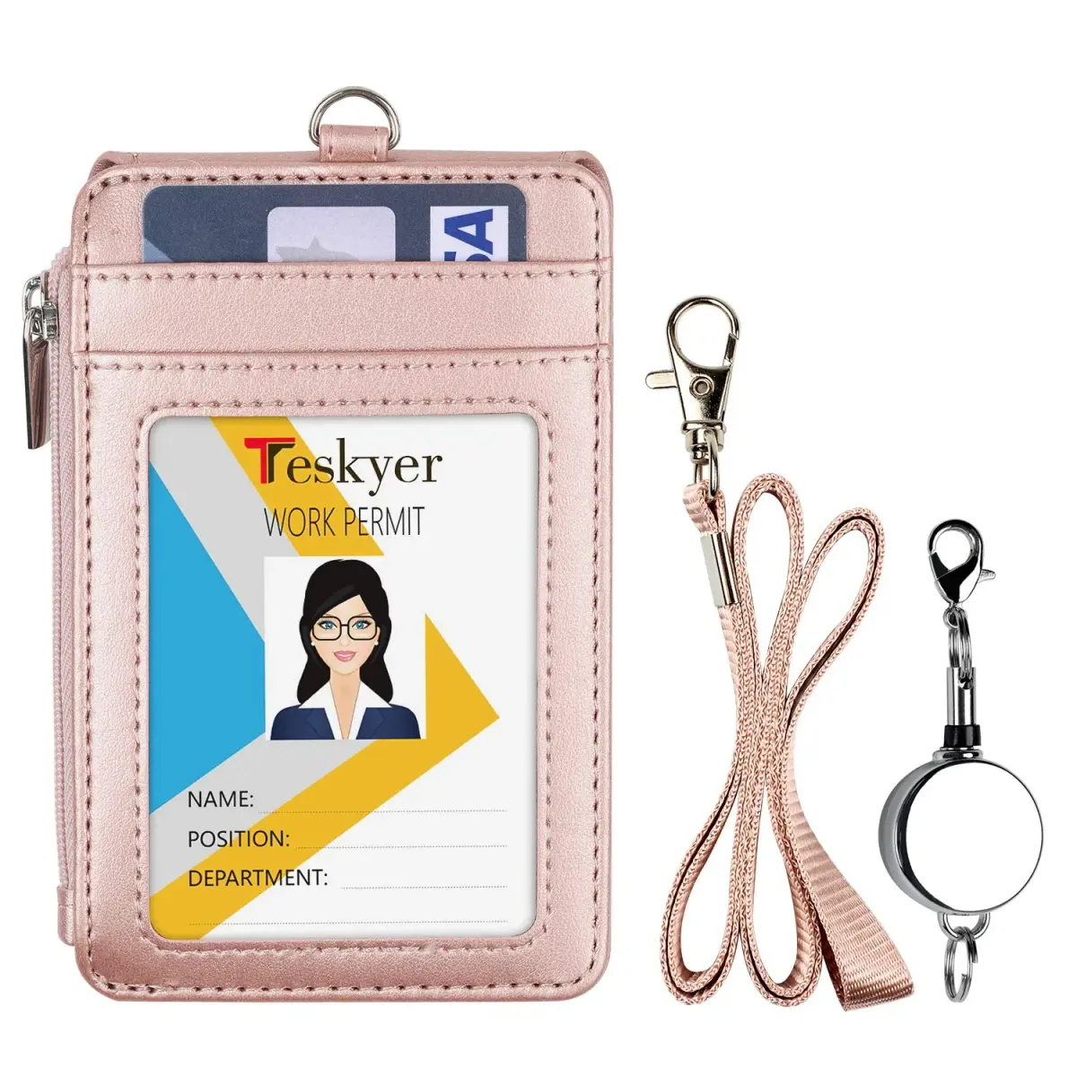 Teskyer Rose Gold #02 PU Leather ID Badge Holder with Zipper Pocket & Lanyard | 3.1" x 4.7" - view 2