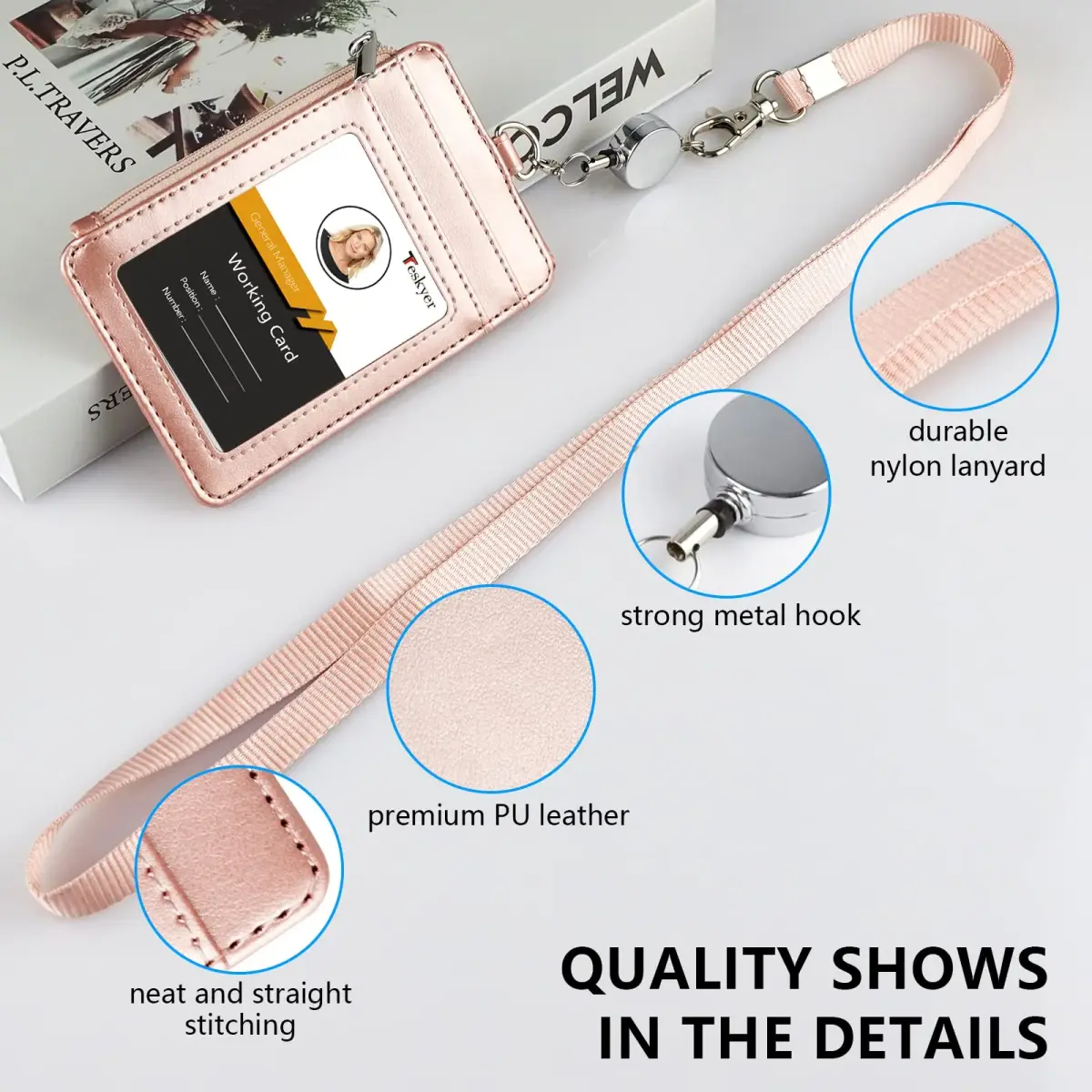 Teskyer Rose Gold #02 PU Leather ID Badge Holder with Zipper Pocket & Lanyard | 3.1" x 4.7" - view 3