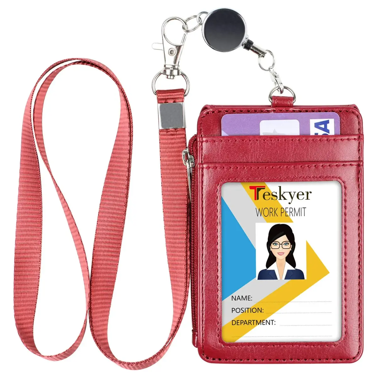 Teskyer Wine Red #02 PU Leather ID Badge Holder with Zipper Pocket & Lanyard | 3.1" x 4.7" - main product image