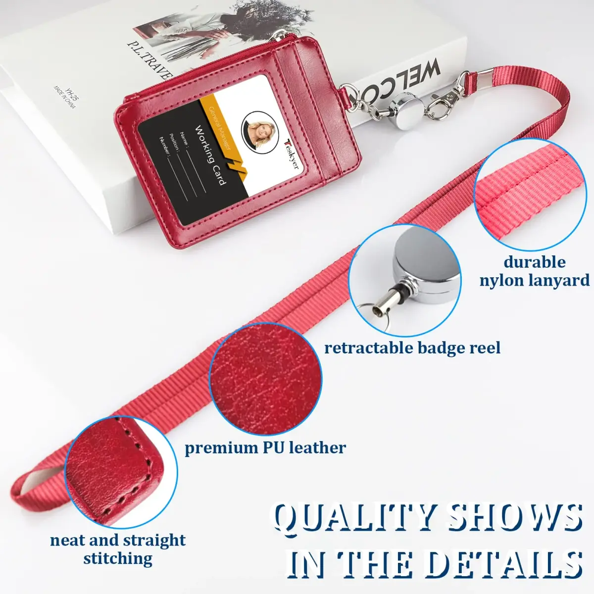 Teskyer Wine Red #02 PU Leather ID Badge Holder with Zipper Pocket & Lanyard | 3.1" x 4.7" - view 3