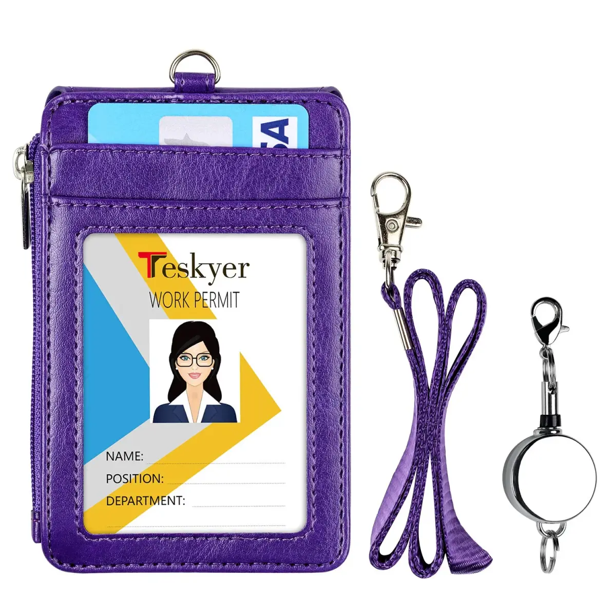 Teskyer Purple #02 PU Leather ID Badge Holder with Zipper Pocket & Lanyard - 3.1" x 4.7" - view 2