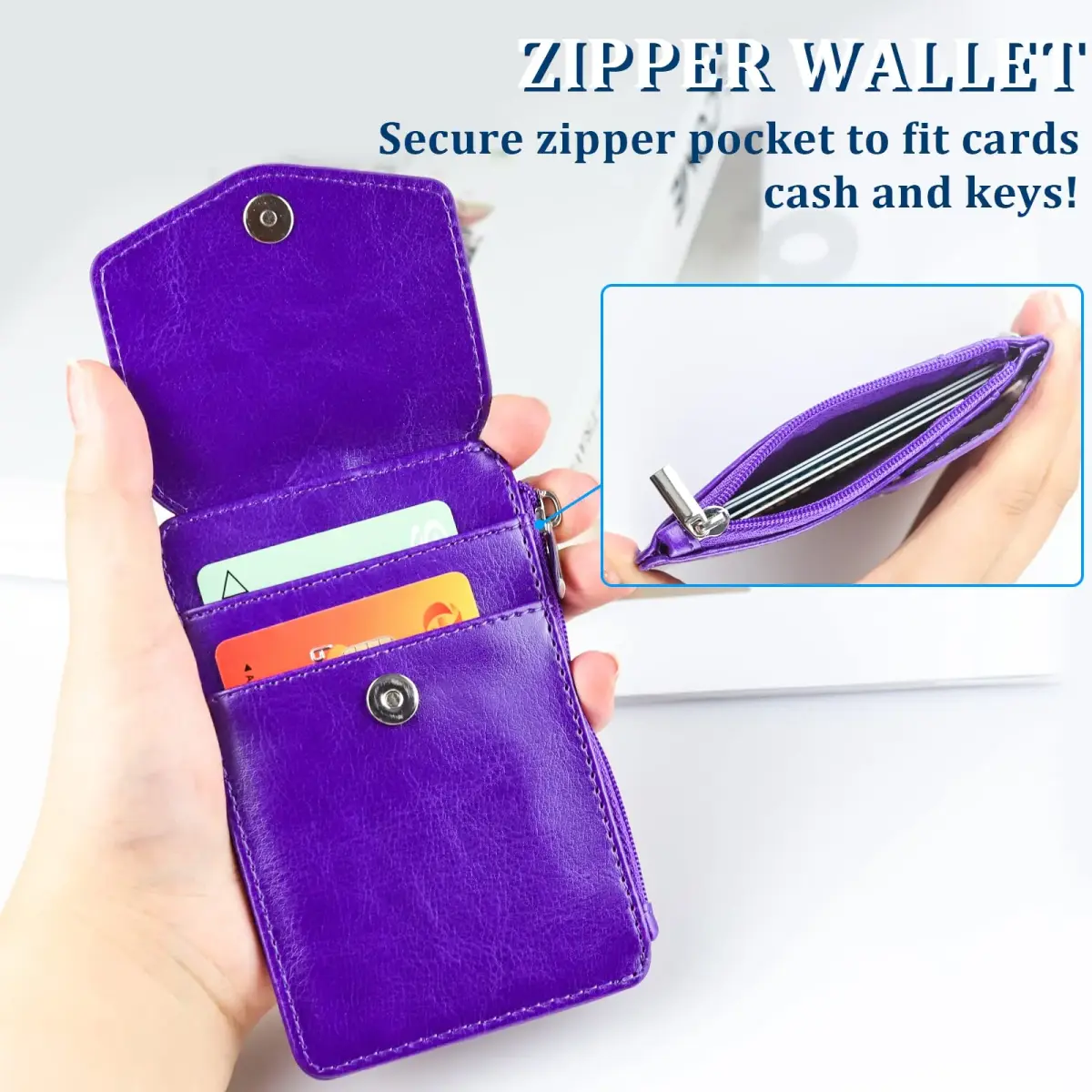 Teskyer Purple #02 PU Leather ID Badge Holder with Zipper Pocket & Lanyard - 3.1" x 4.7" - view 4