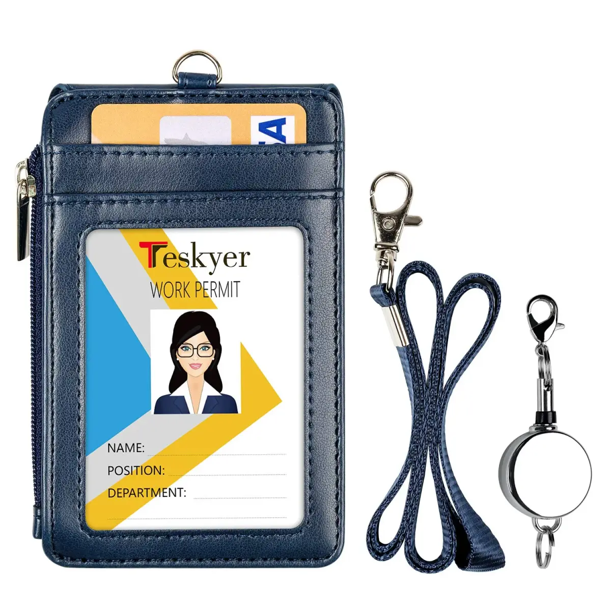 Teskyer Blue #02 PU Leather ID Badge Holder with Zipper & Lanyard - 3.1" x 4.7" - view 2
